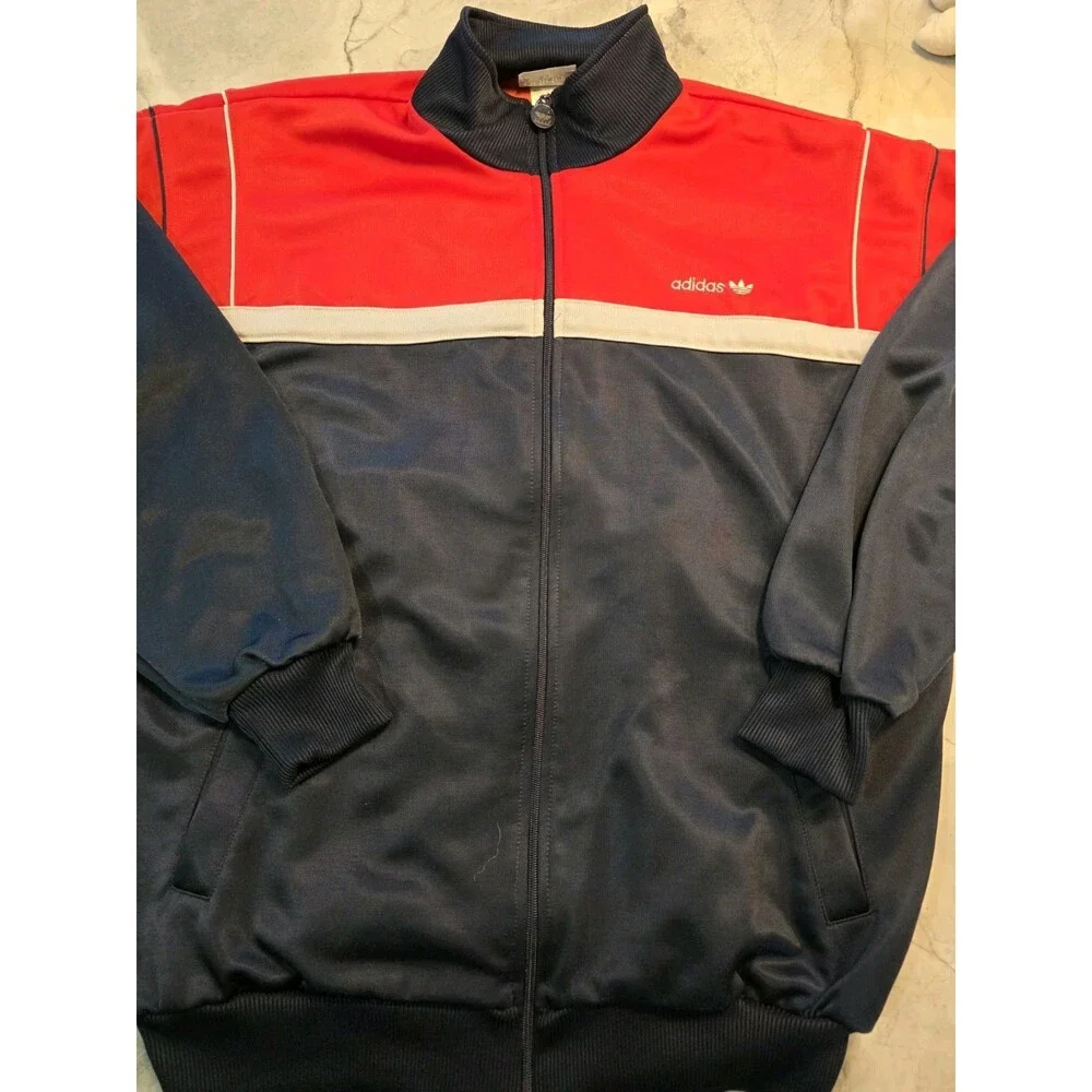 Vintage 80s Adidas Track Jacket Large Tall Red Navy Blue Colorblock Trefoil LT